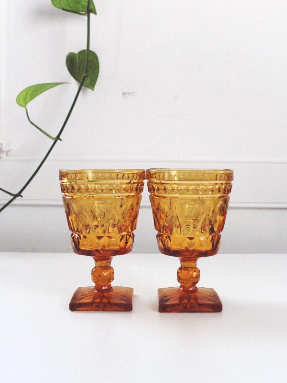 Amber Glass Goblets Park Lane Wine Glasses Set of 2 Vintage Mid Century